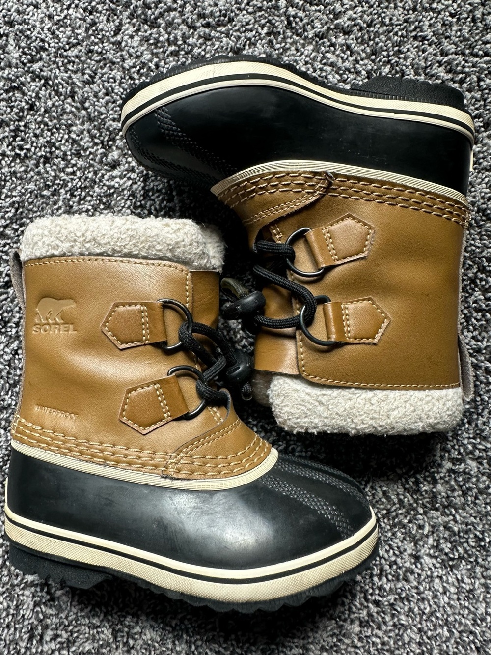 SOREL Kids Tan & Black Sherpa-Lined Waterproof Hiking Snow Boots Size 9 Toddler